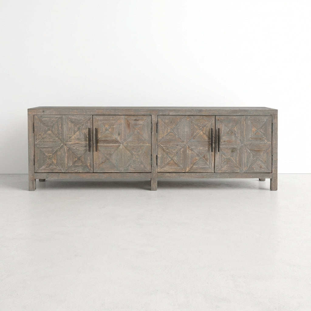 Rustic brown wooden sideboard with geometric patterns and black handles.