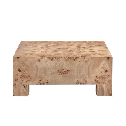 Light wood rectangular coffee table with a natural burl pattern.