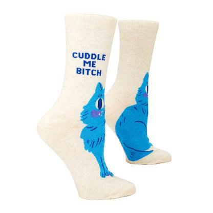 Beige socks with a blue cat and playful text design.