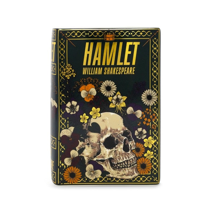 Dark "Hamlet" book cover with skull and floral design.