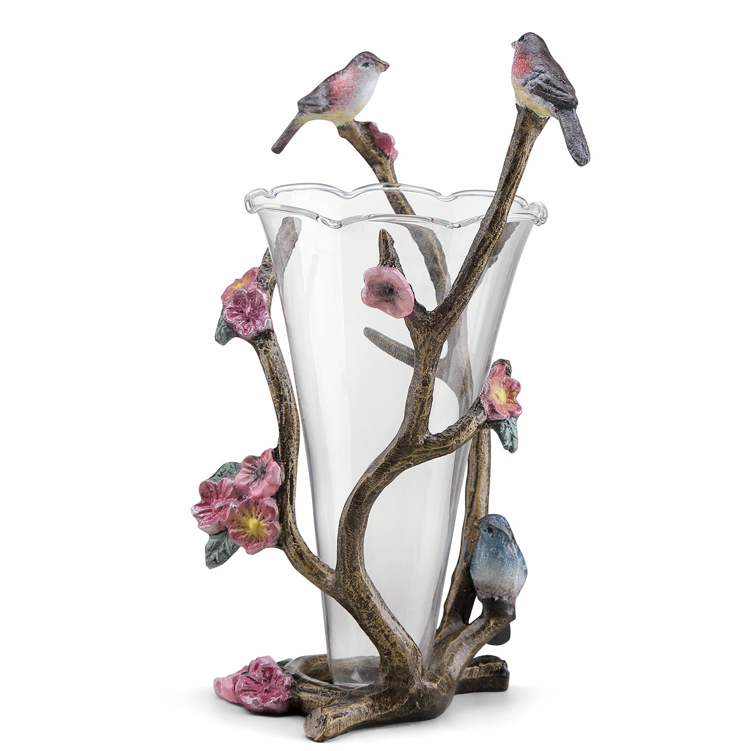 Glass vase with floral and bird branch design.