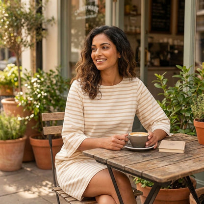 Woman enjoying a coffee outside a café, surrounded by plants.