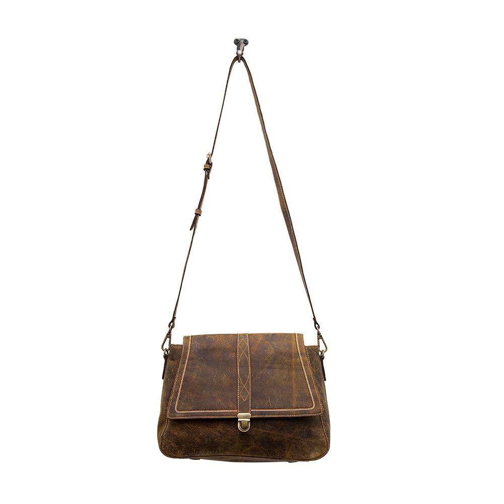 Brown leather messenger bag with adjustable strap.