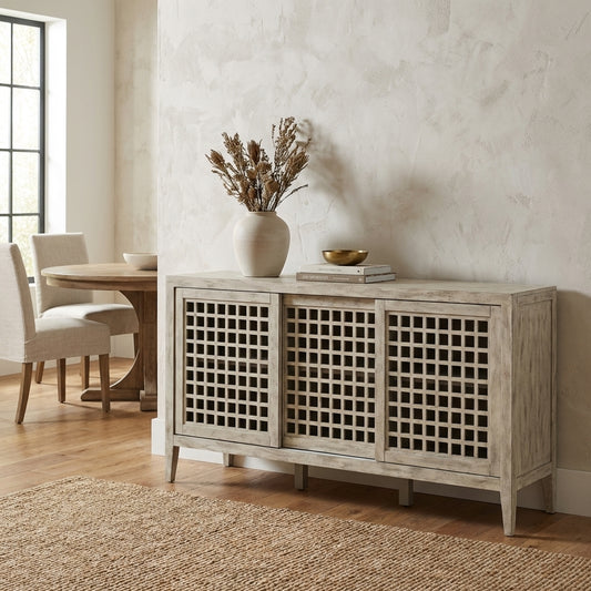 Rustic wood sideboard with lattice design doors.