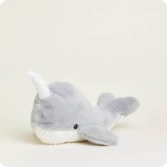 Cute gray narwhal plush toy with a soft horn.