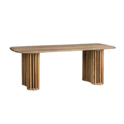 Wooden table with unique slatted base design.