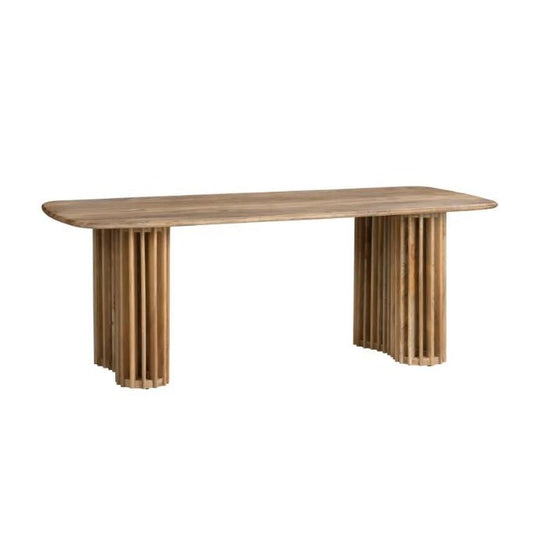 Wooden table with unique slatted base design.