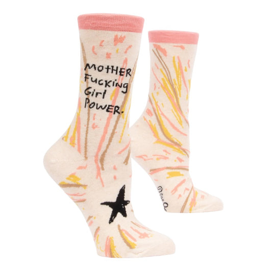 Colorful socks with "Girl Power" text and abstract design.