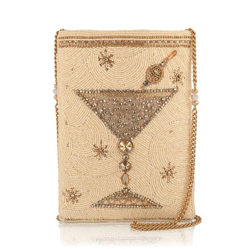 Beaded clutch with martini glass design and gold chain strap.