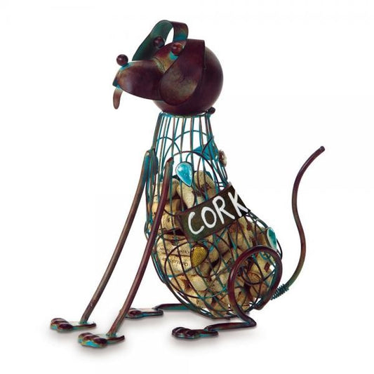 Metal dog sculpture filled with wine corks, labeled "CORK".