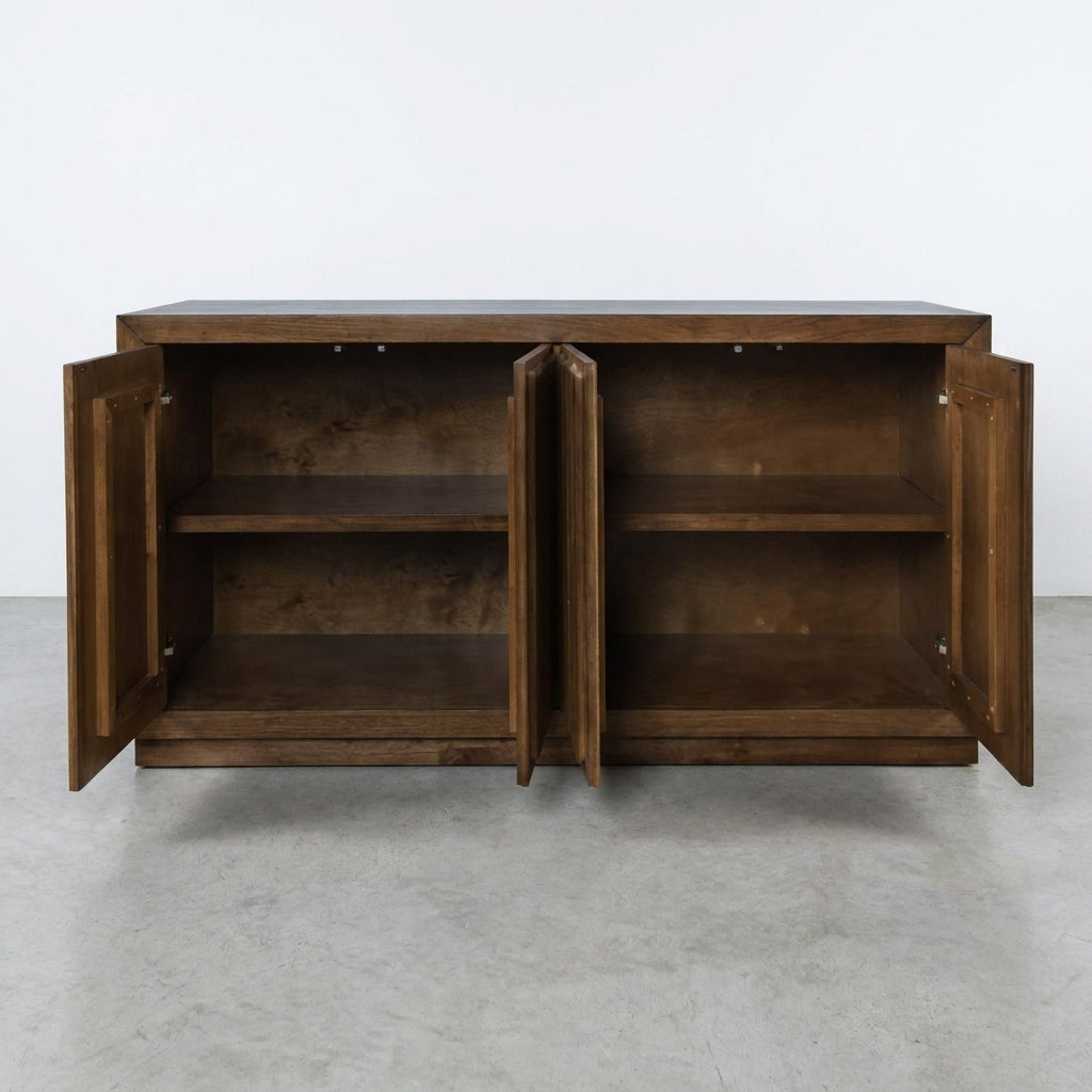 Wooden cabinet with open doors showing shelves inside.