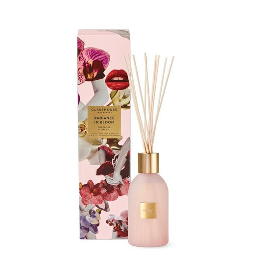 Pink reed diffuser with floral box design, "Radiance in Bloom."