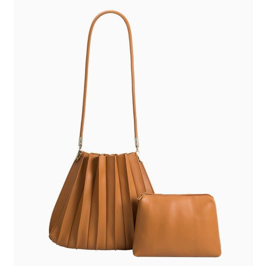 Pleated brown handbag with matching pouch.