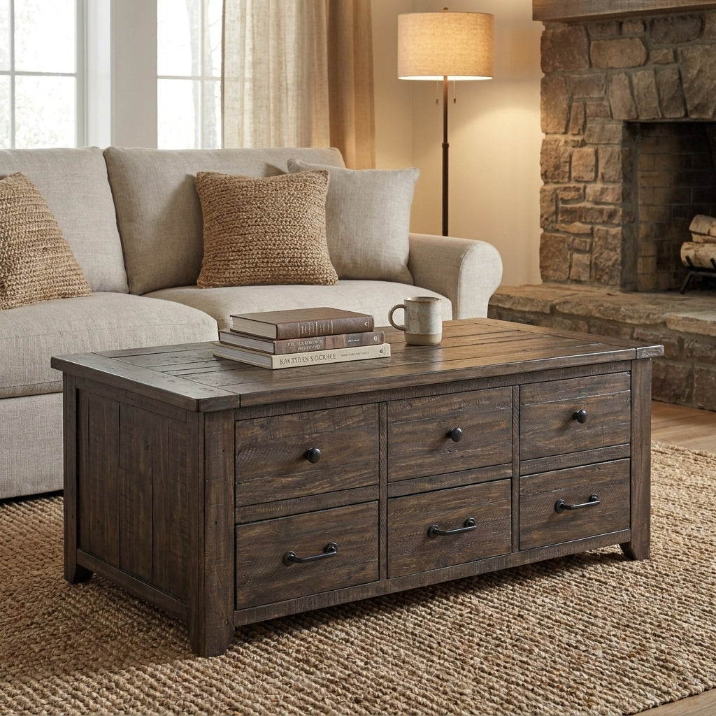 Dark wooden dresser with six drawers and rustic handles.