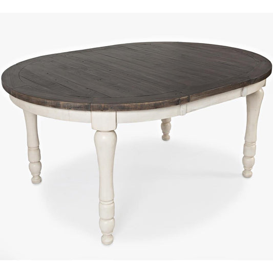 Oval wooden table with turned white legs and dark top.