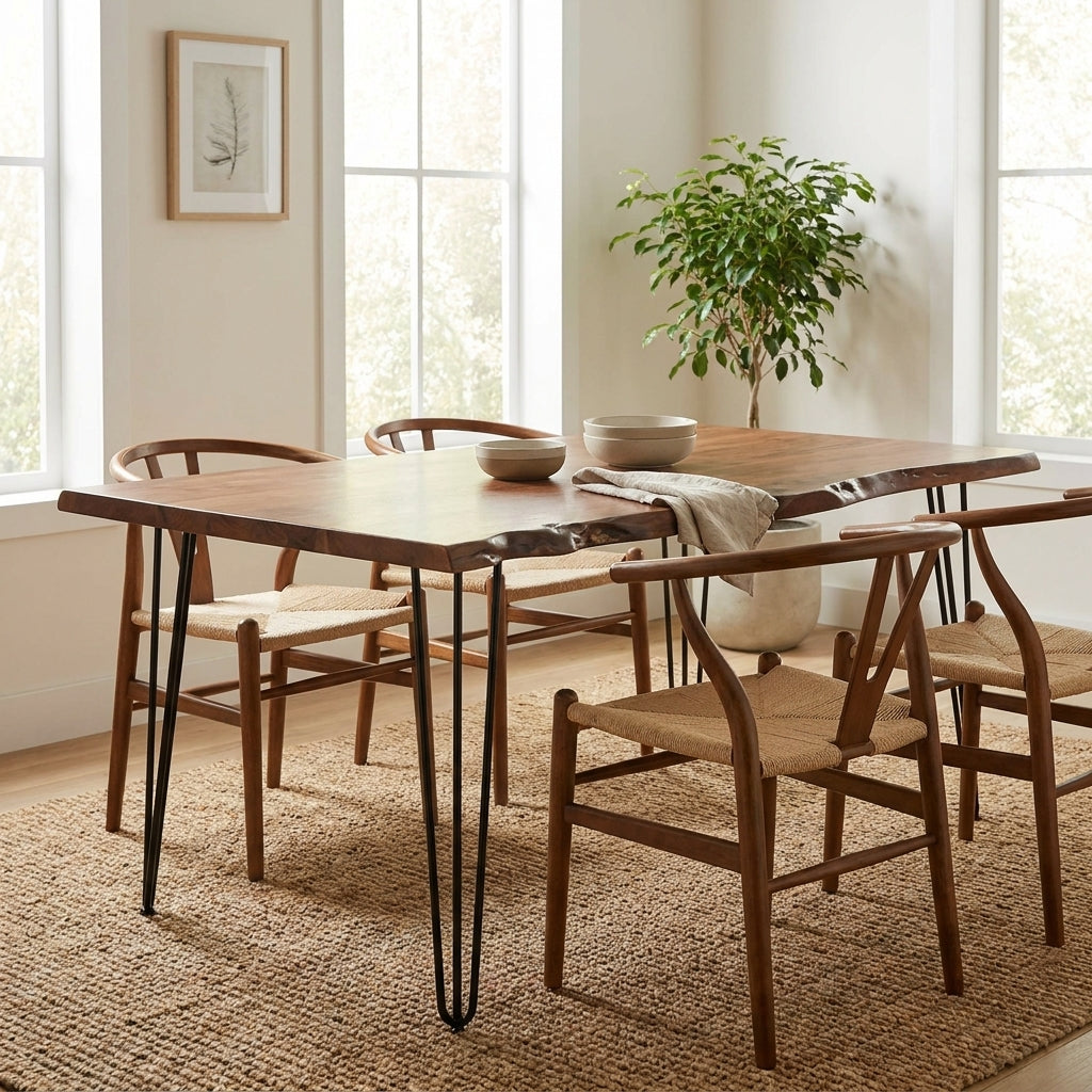Wooden table with hairpin legs and a natural edge design.