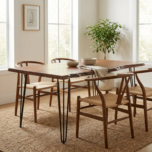 Wooden table with hairpin legs and a natural edge design.