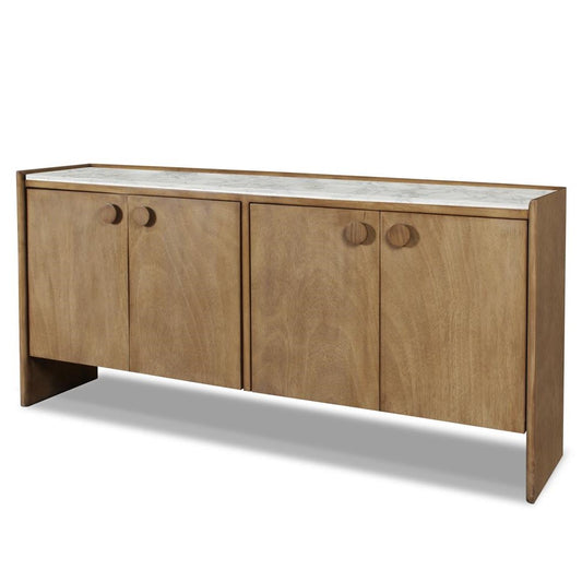 Wooden sideboard with four doors and a smooth marble top.