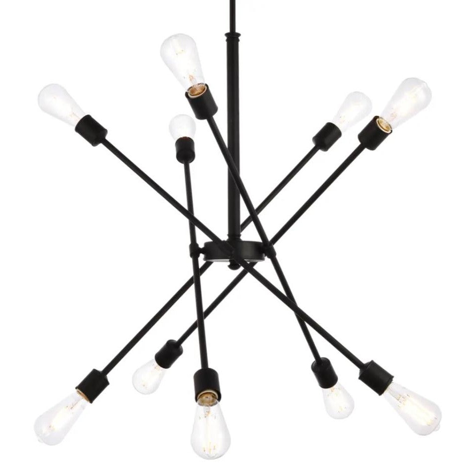 Modern chandelier with intersecting black arms and exposed bulbs.