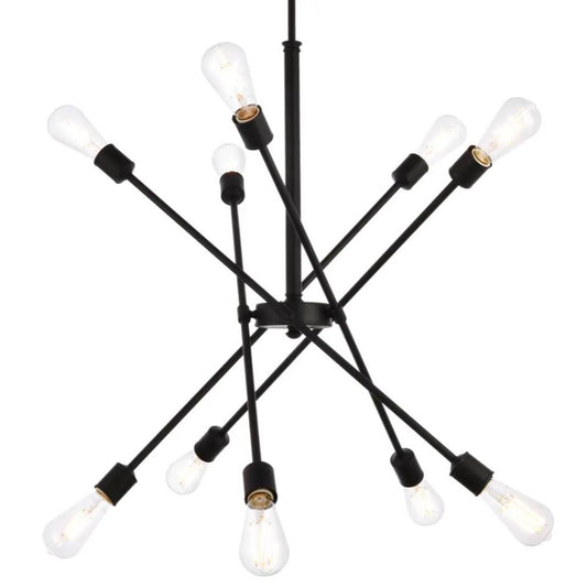 Modern chandelier with intersecting black arms and exposed bulbs.