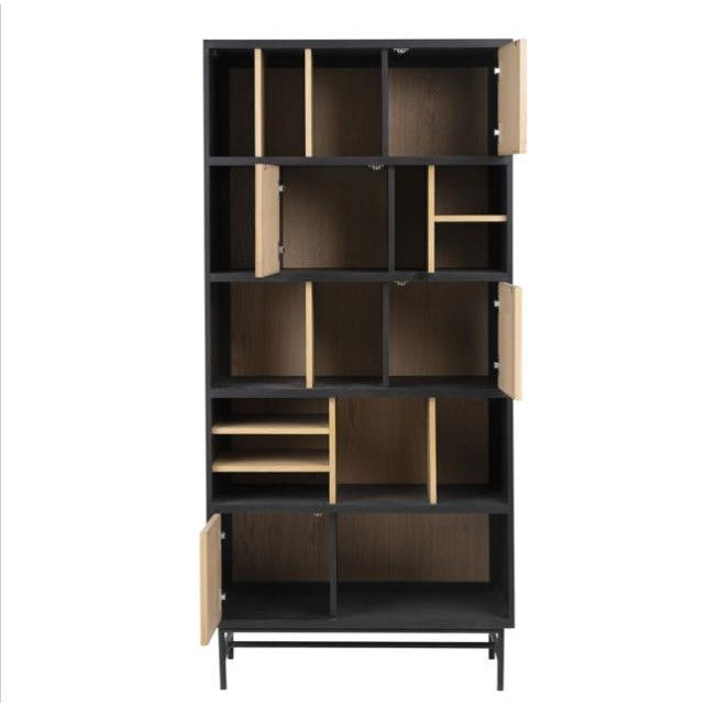 Tall black cabinet with open wooden doors and varied compartments.