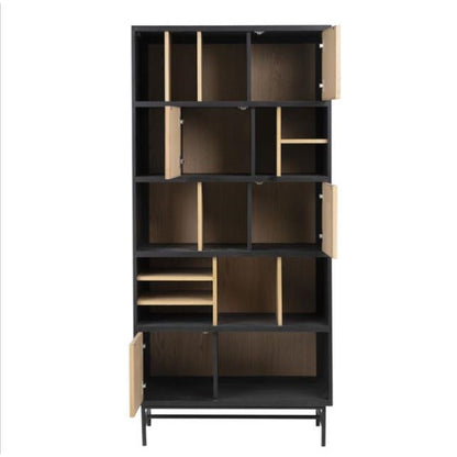 Tall black cabinet with open wooden doors and varied compartments.