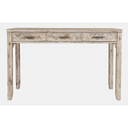 Rustic wooden console table with three drawers.