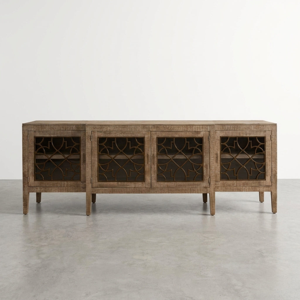 Wooden cabinet with open decorative lattice doors and shelves.