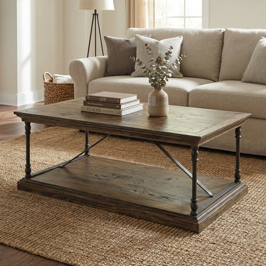 Wooden coffee table with metal legs and lower shelf.