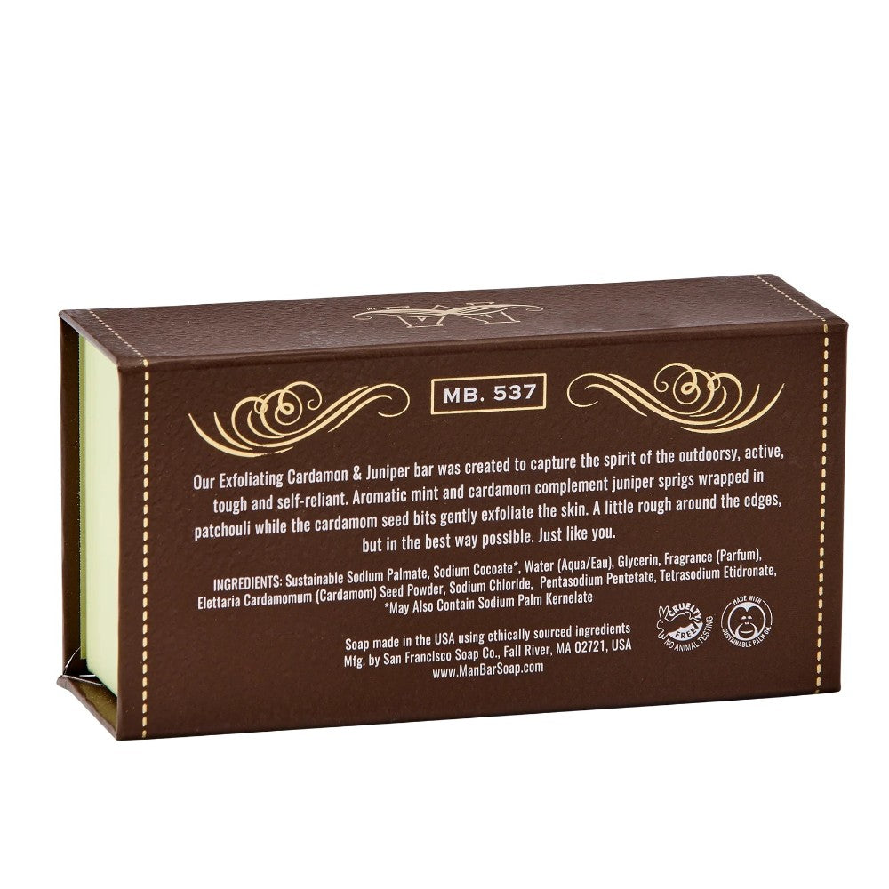 Brown soap box with product description and ingredient list.