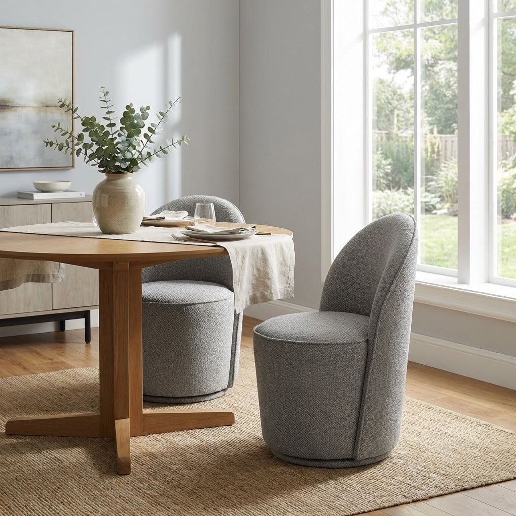 Beige, modern swivel chair with rounded back and seat.