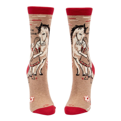 Beige socks with red accents, featuring a girl hugging a horse.