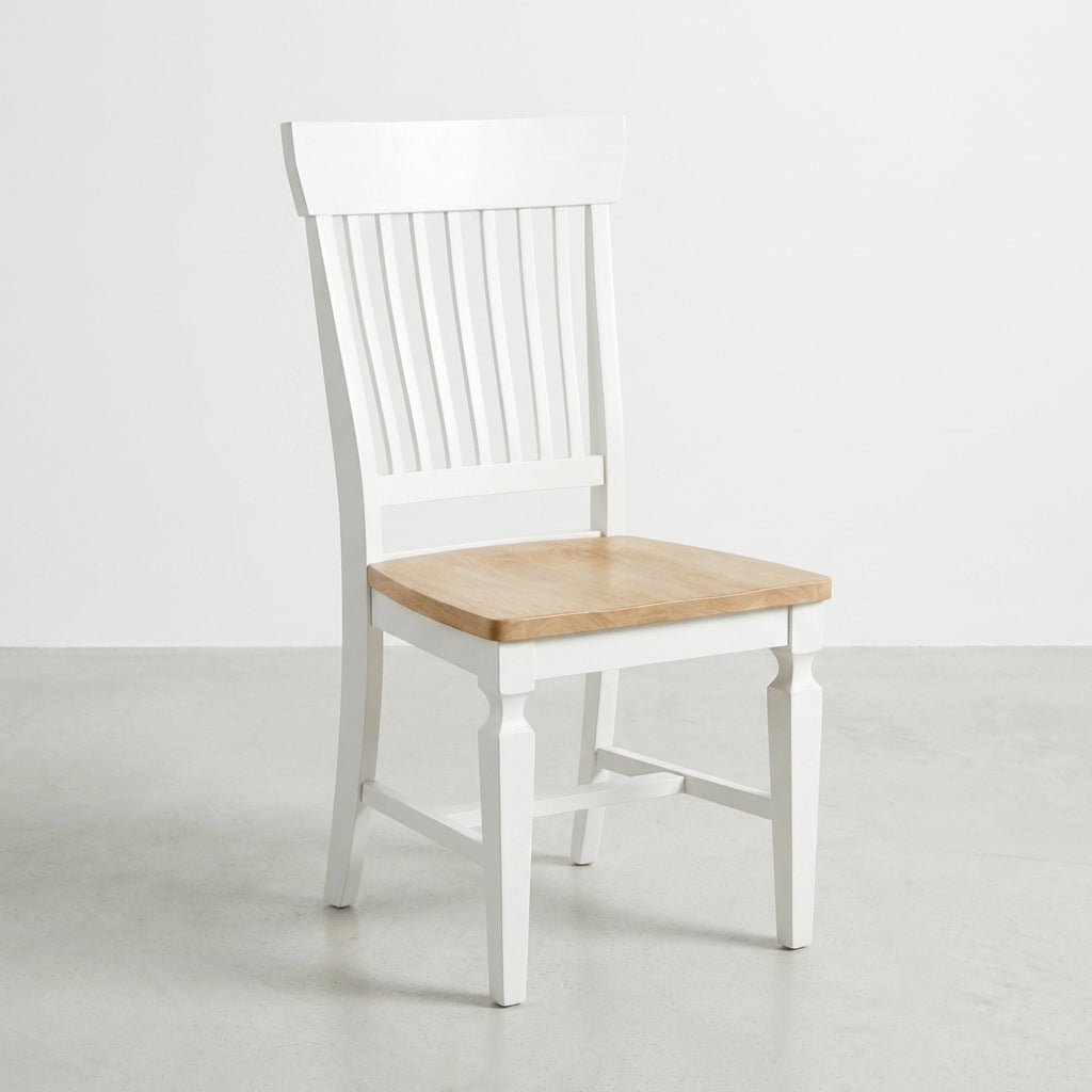 White wooden chair with a light wood seat.