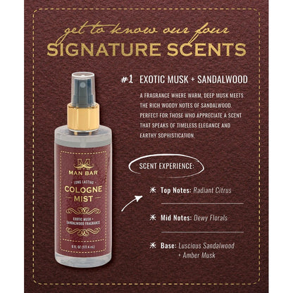 Man Bar Cologne Mist: Exotic musk and sandalwood fragrance, elegant and sophisticated.