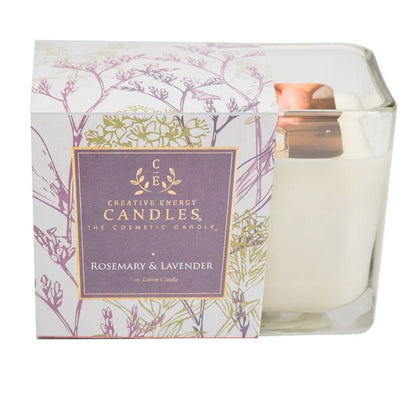 Candle in floral box, labeled "Rosemary & Lavender."