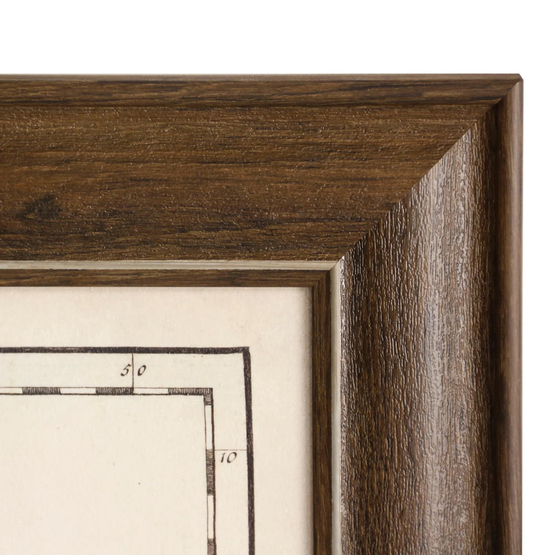 Wooden frame corner with partial drawing and measurements.
