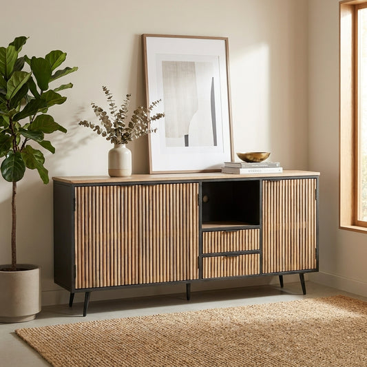 Modern wood and metal sideboard with a slatted design and open shelves.