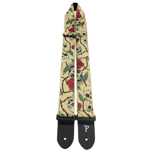 Guitar strap with skull and rose design on a beige background.