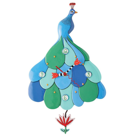 Colorful peacock-shaped clock with a flower pendulum design.