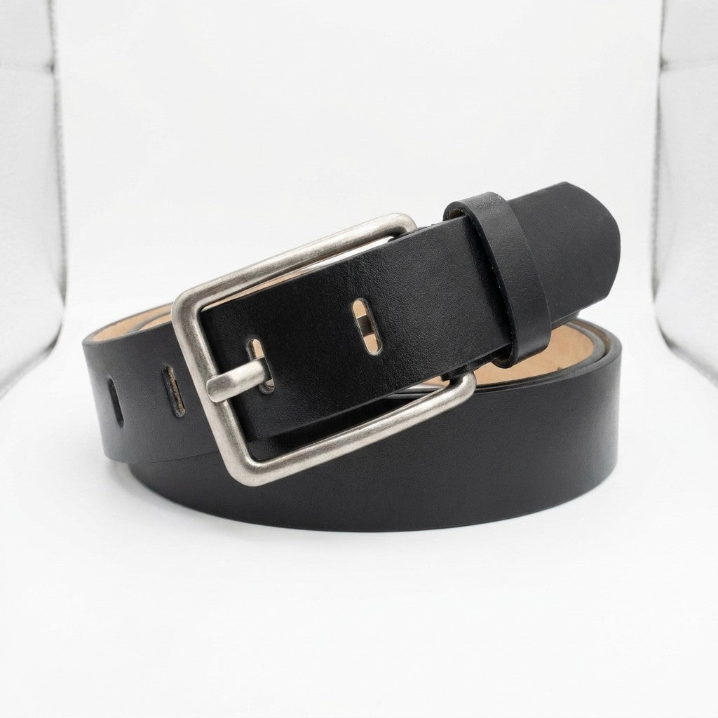 Black leather belt with a silver buckle on a white background.