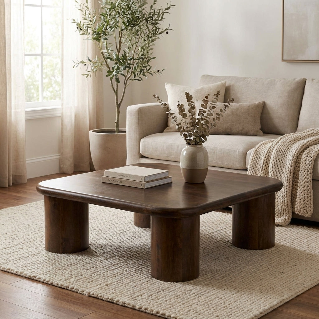 Cozy living room with wooden table, beige sofa, and decorative plant.