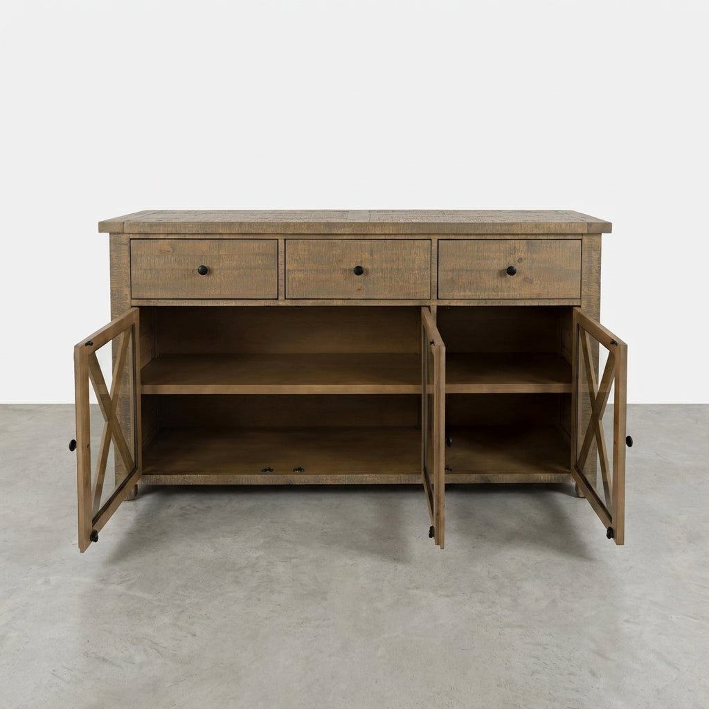 Wooden sideboard with three drawers and open doors revealing shelves.