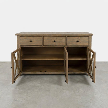 Wooden sideboard with three drawers and open doors revealing shelves.