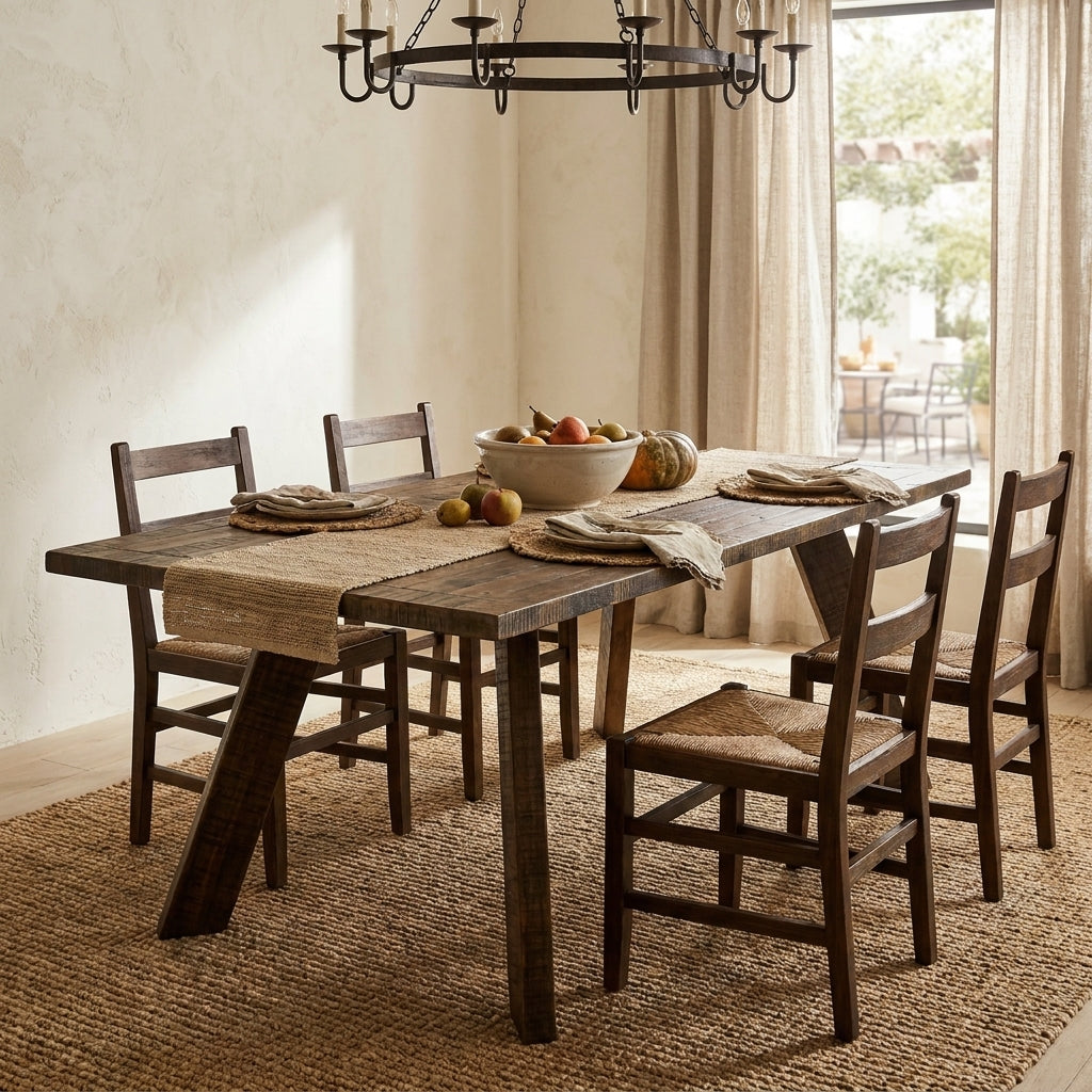 Rustic dining room with wooden table, chairs, and a bowl of fruit.