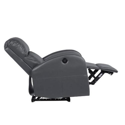 Reclining black leather chair on a white background.