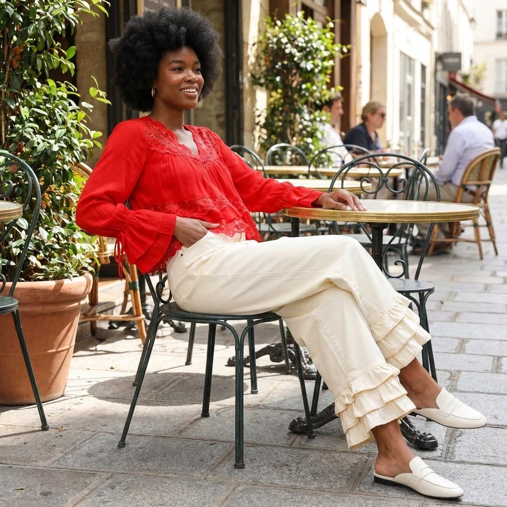 A woman in a red blouse relaxes at an outdoor café on a sunny street.