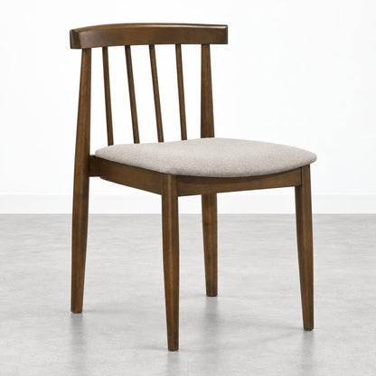 Wooden chair with beige cushioned seat and vertical slat back.