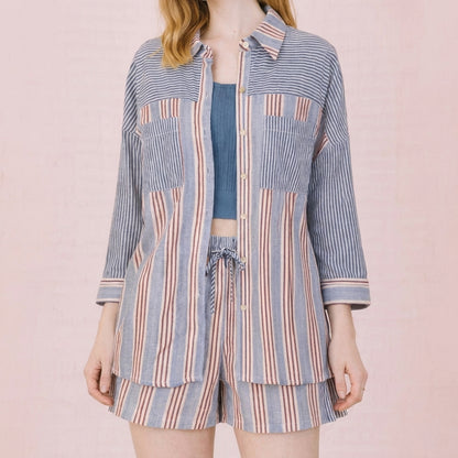 Stripe Woven Shirt Top & Shorts Set