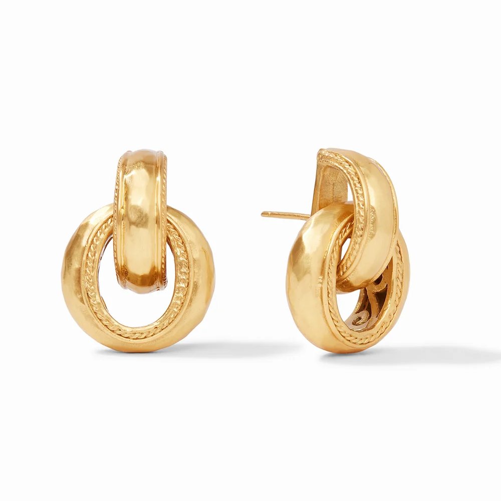 A pair of polished gold hoop earrings with interlocking links and textured trim.