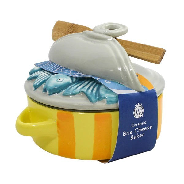 Ceramic Brie cheese baker with fish design and lid.